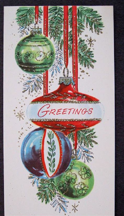 Vintage Christmas Card Ornaments Glitter Retro Greetings Card