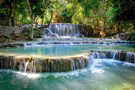 Kuang Si Falls Turquoise Waterfall In Luang Prabang Laos
