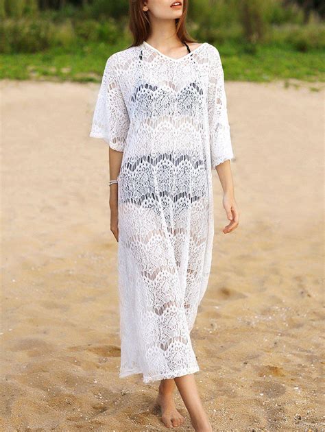 17 Off V Neck Sheer Lace Maxi Beach Cover Up Dress Rosegal