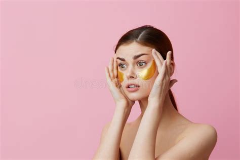 portrait woman patches rejuvenation skin care fun after shower close up lifestyle stock image