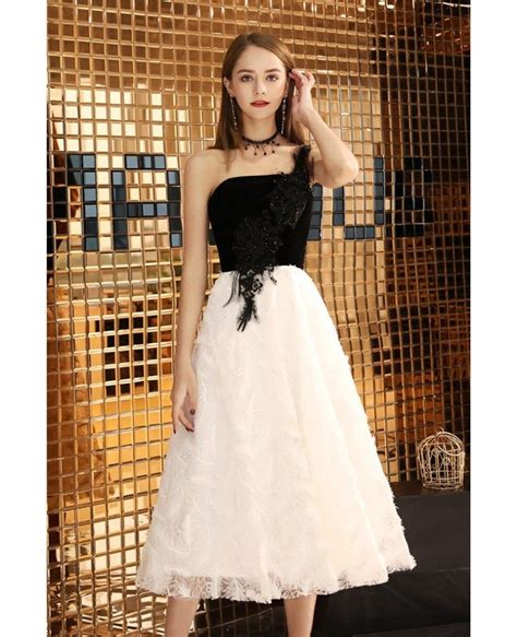 Elegant Black And White Party Dress Tea Length With One Shoulder Bls97042