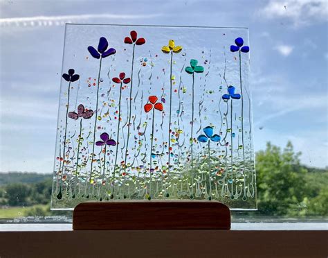 Cheerful Rainbow Meadow Flower Fused Glass Art Picture Sun Etsy