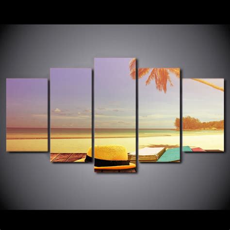 5 Piece Hd Printed Sunset Beach Seascape Framed Wall Picture Art Poster