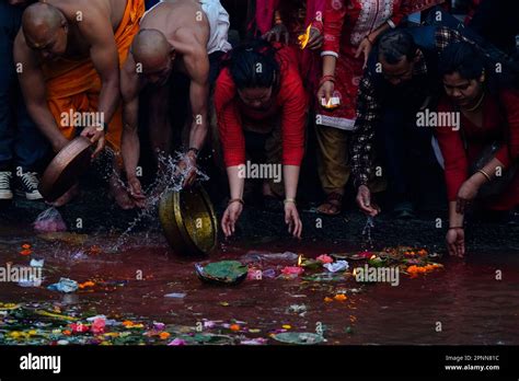 Kathmandu, Nepal. 20th Apr, 2023. People offer prayers at Mata Tirtha