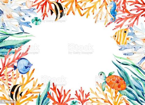 Oceanic Watercolor Frame Border With Cute Turtle Reeffishes Stock