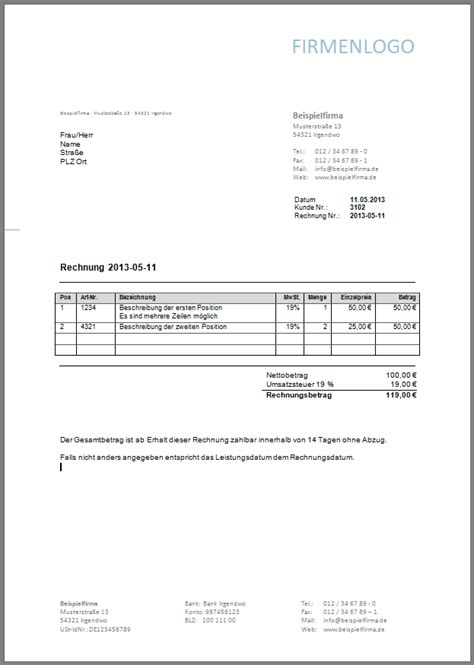 Nach dem download können sie die vorlage sofort nutzen oder eine rasche anpassung an ihre indivuduellen. Rechnungsvorlage Pdf Kostenlos Downloaden