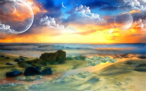 Fantasy Beach Sunset Hd Wallpaper Background Image