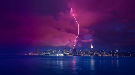 Sea Night Lightning New York City Skyline Wallpapers Hd Desktop