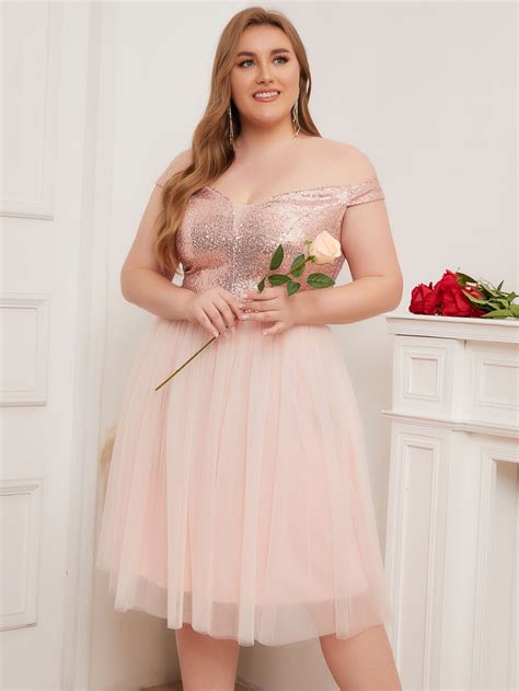 Women Plus Size Off The Shoulder Gold Sequins And Tulle Cocktail Party D