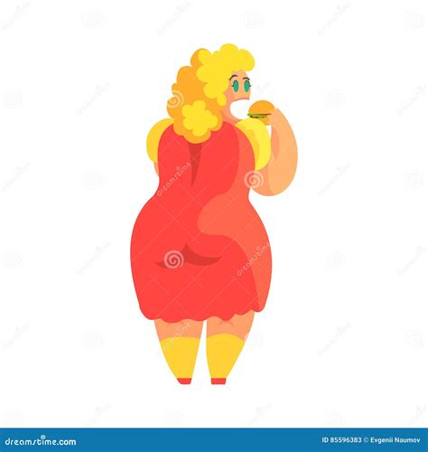 Happy Blond Plus Size Woman In Red Summer Dress Eating Burger Enjoying