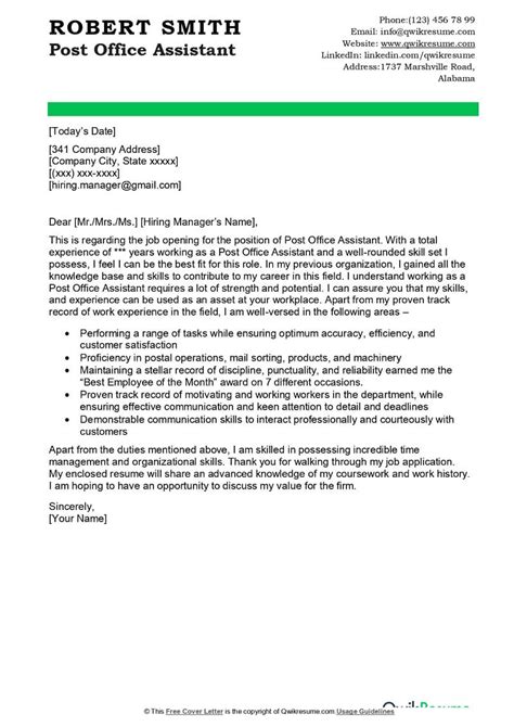 Post Office Assistant Cover Letter Examples Qwikresume