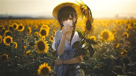 Hd Wallpaper Anime Collage Fantasy Girl Sunflowers Field