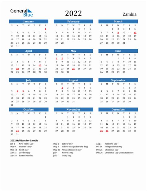 2022 Zambia Calendar With Holidays