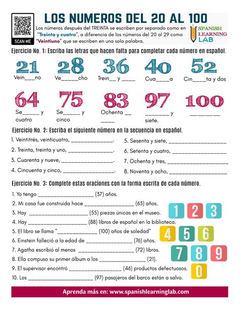 Los Números Del 20 Al 100 Ejercicios En Pdf Spanish Learning Lab