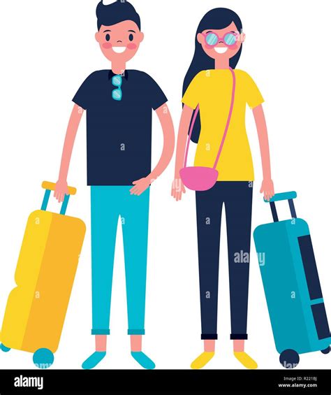 Couple Tourists With Bag Travel Vacations Vector Illustration Stock