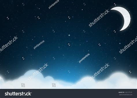 Starry Night Sky With Clouds And Crescent Moon Stock Photo