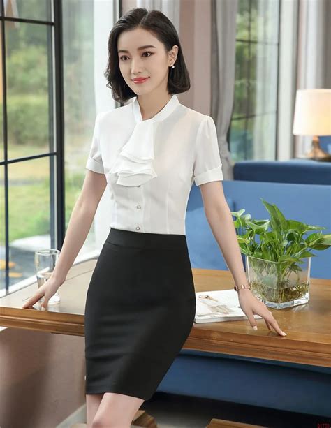 summer ladies blouses white women business suits 2 piece skirt and top sets short sleeve ol