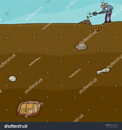 Vektor Stok Cartoon Man Digging Buried Treasure Chest Tanpa Royalti