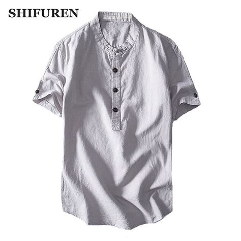 Shifuren 2018 New Arrival Men Cotton Linen Shirts Mandarin