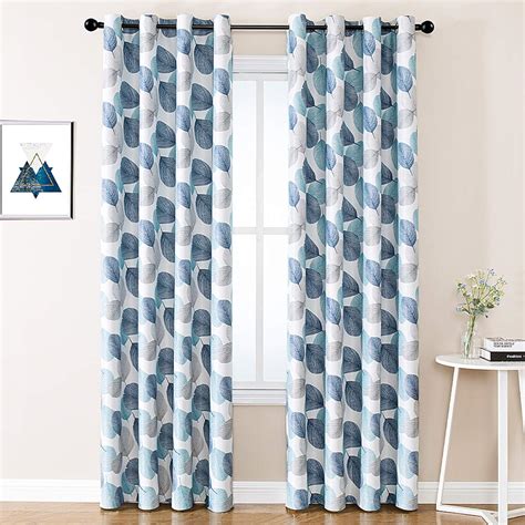 Room Darkening Curtains 54 Inch Length Blue Leaves Printed