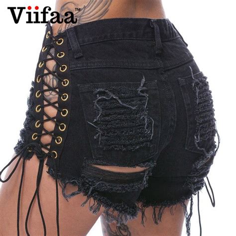 Viifaa Summer Hole Denim Jeans Shorts 2017 Women Sexy Lace Up Hollow Out Ripped Shorts High