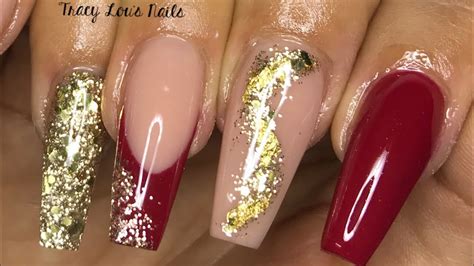 ACRYLIC NAILS RED NAILS NUDE GLITTER YouTube