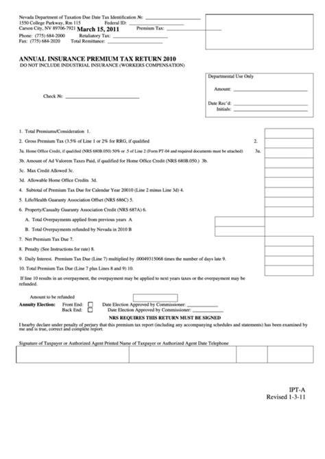 An insurance premium is the amount of money that an individual or business must pay for an. Form Ipt-A - Annual Insurance Premium Tax Return 2010 printable pdf download
