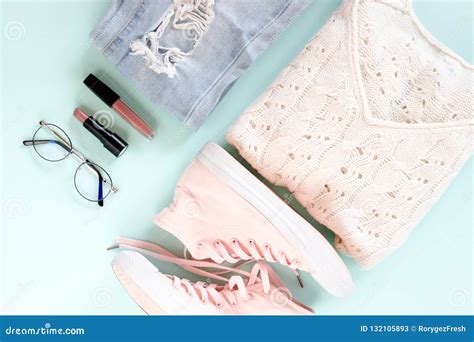 Flatlay Of Women Clothes Cosmetics Accessories Stock Image Image Of