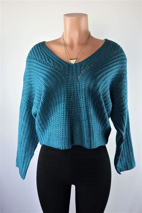 Teal Sweater Teal V Neck Lace Up Back Crop Sweater
