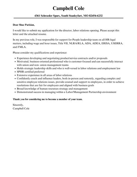 Director Labor Relations Cover Letter Velvet Jobs