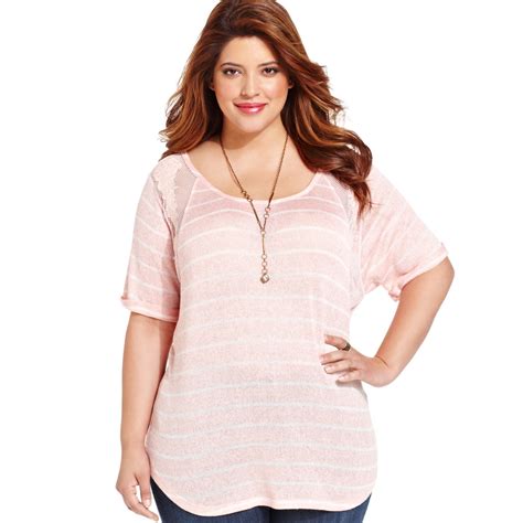 Jessica Simpson Plus Size Shortsleeve Striped Lacetrim Top In Pink