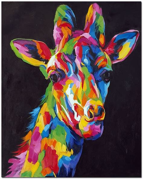 Hand Painted Modern Colorful Impressionist Giraffe Oil Painting On