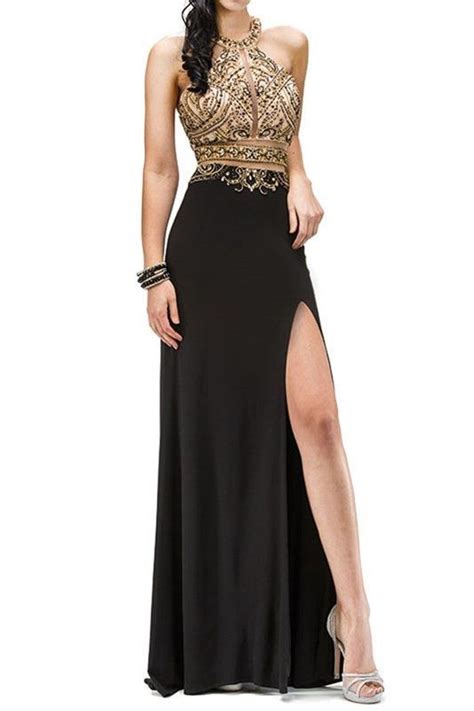 Black And Gold Illusion Mesh Halter Top One Piece Long Prom Dresses
