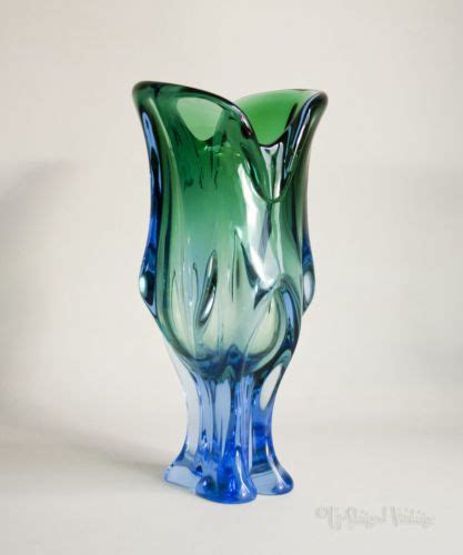 Vintage Retro Green And Blue Tulip Shaped Art Glass Vase Czech Fast Free Uk Pandp Art Glass Vase