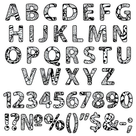 Zentangle doodle letras do alfabeto números zentange conjunto de