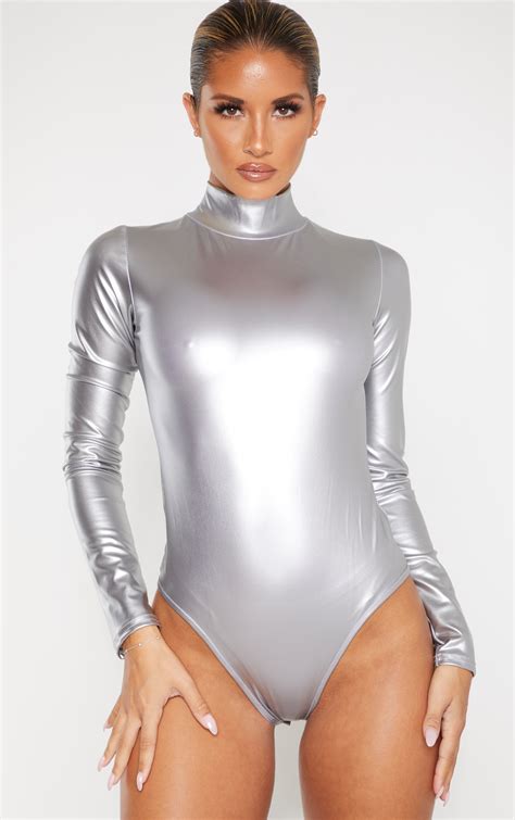 Silver Metallic High Neck Long Sleeve Bodysuit Prettylittlething Ksa