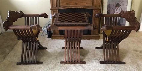 Italian Savonarola Chess Table 2 Chairs Hand Carved Chess Set W