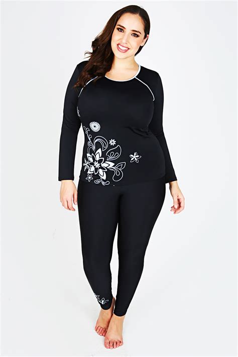 Black Long Sleeve Swim Top With Floral Print Plus Size 16 To 32