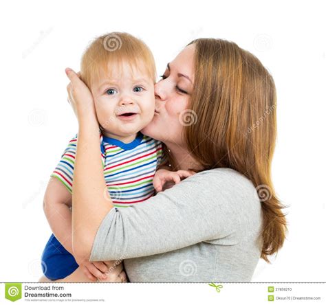 Loving Mother Holding Baby Boy Isolated On White Stock Photo Image