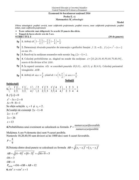 Subiecte Bac Matematica Tehnologic Model Oficial De Bacalaureat My