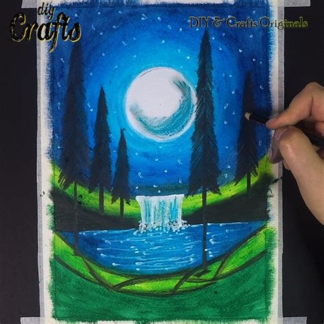 Waterfall Oil Pastel Drawing How To Draw Moonlight Waterfall Scenery