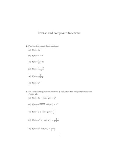 Inverse And Composite Functions Worksheet With Solutions Teaching