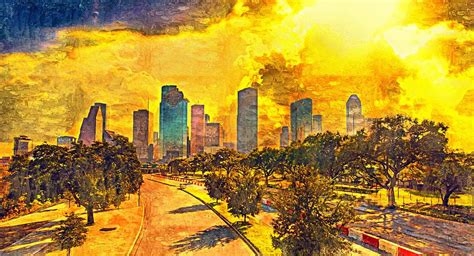 Skyline Of Downtown Houston Texas At Sunset Impasto Oil Painting