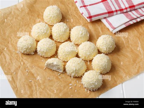 White Chocolate Ganache Truffles Rolled In Coconut Stock Photo Alamy