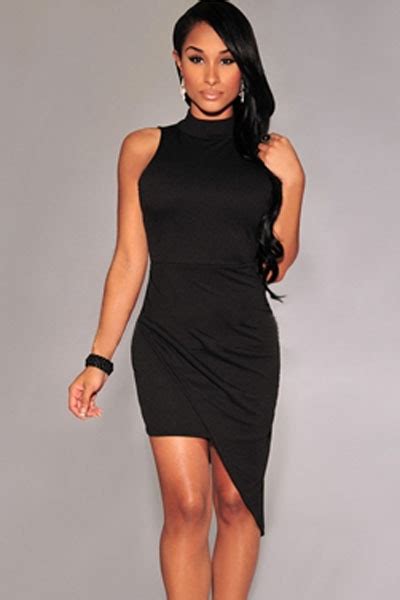 Women Dress 2015 Sexy Dresses Vestido Casual Black Asymmetrical Mock