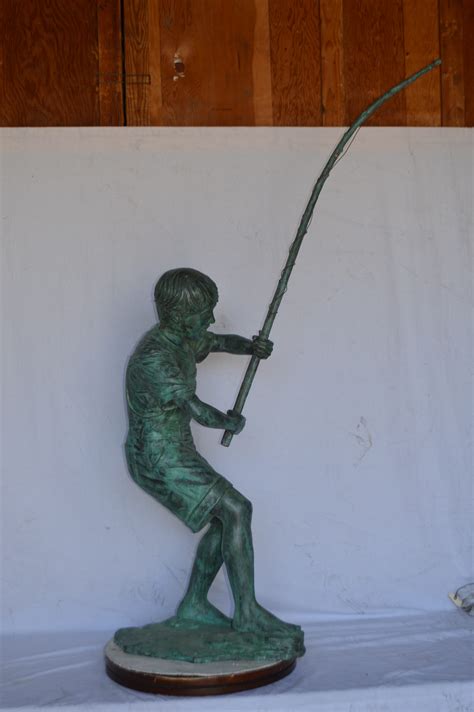 Young Boy Fishing Bronze Statue Green Patina Size 16l X 54w X 62