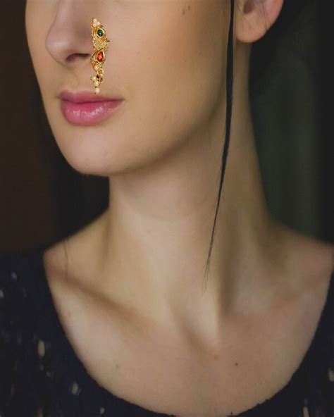 Proplady Traditional Maharashtrian Ruby And Pearls Embellished Golden Nath Nose Ring Nose Pin