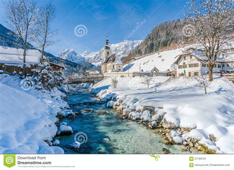 Panoramic View Of Scenic Winter Landscape In The Bavarian Alps Stock
