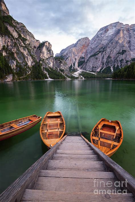 Boats On The Braies Lake Pragser Wildsee In Dolomites Mounta