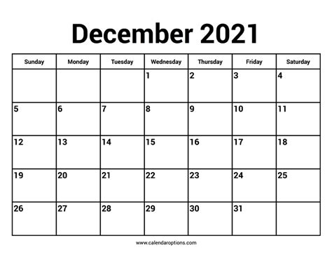 December 2021 Calendars Calendar Options